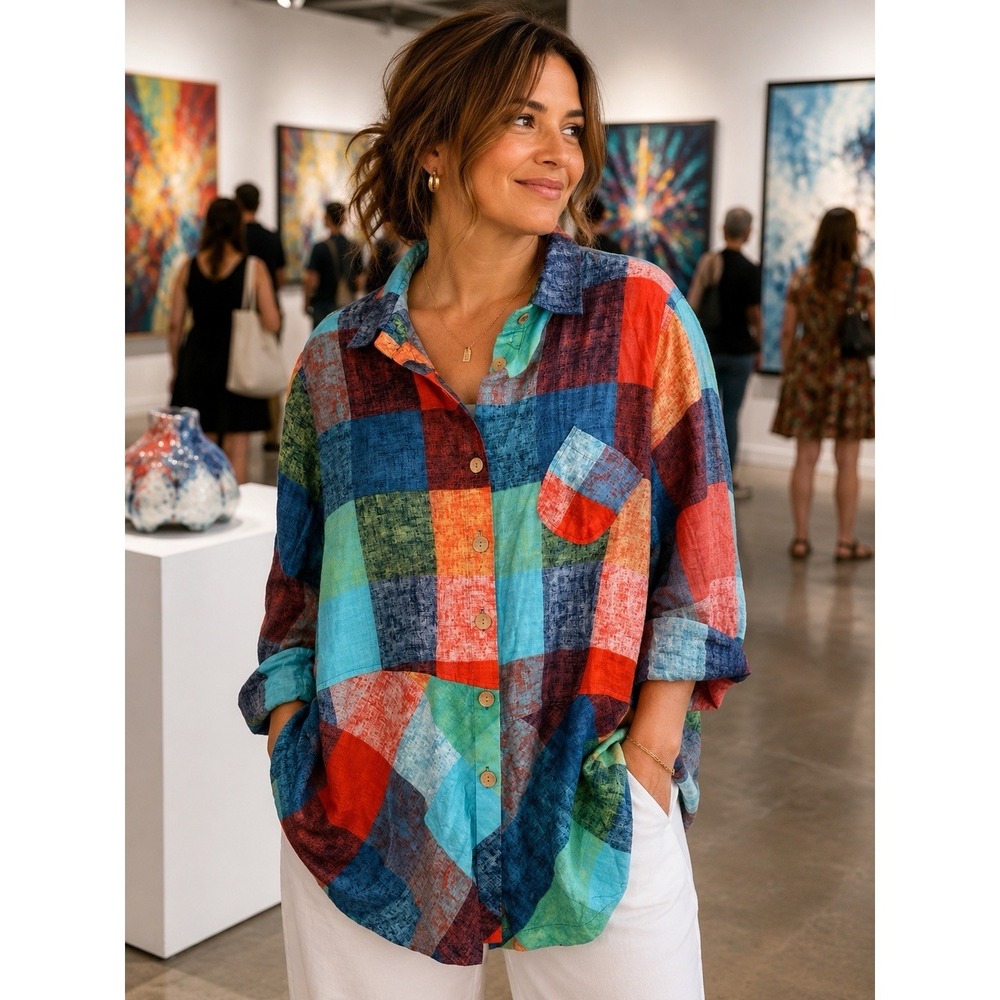 TERRA SJ Apparel XL Multicolor Patchwork Button-up Tunic Blouse Lagenlook -2807